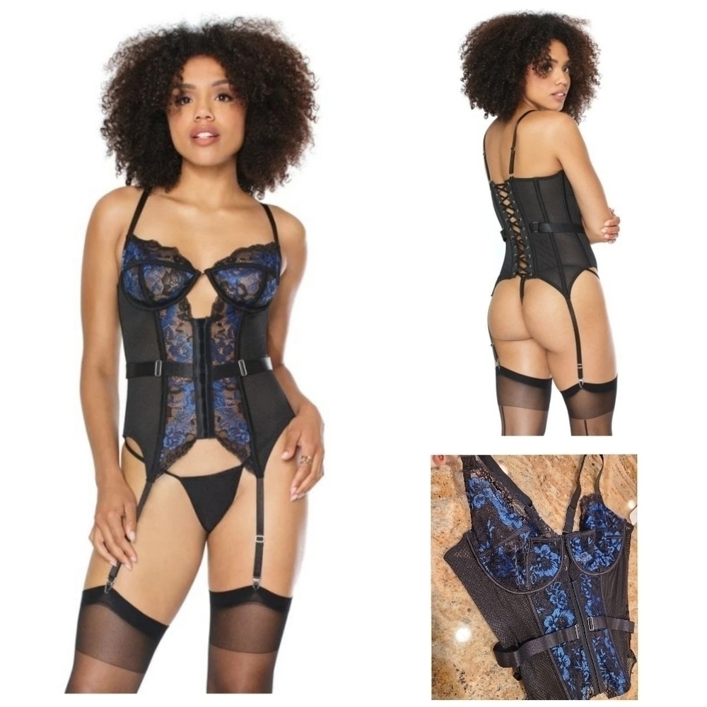 Stretch Net and Scallop Lace Bustier Lingerie, Black and Blue, Size 1X/2X